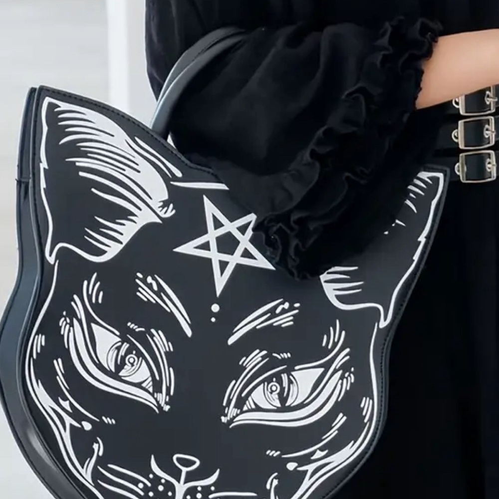 Casual Feline Gothic Purse/ Handbag- Cat Head Shaped Design, Punk Style - Picture 3 of 11